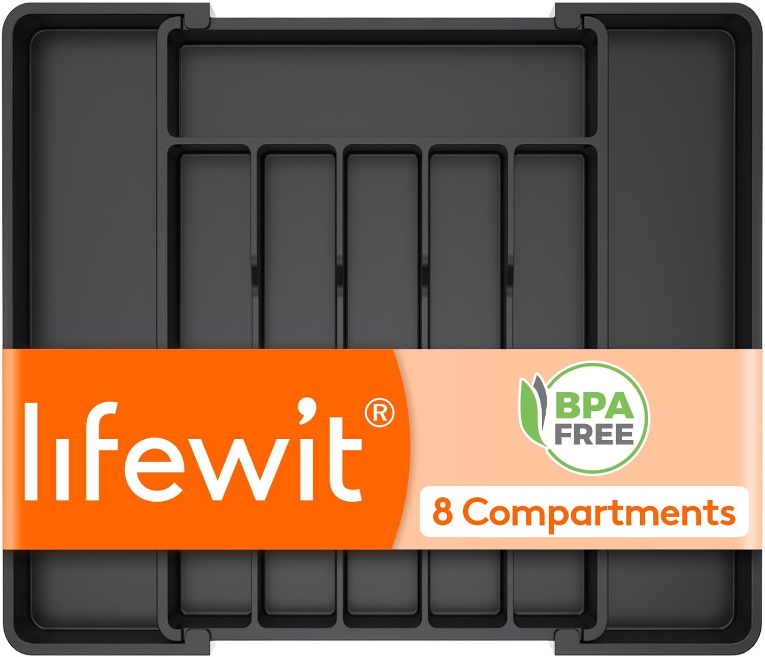 Lifewit Expandable Silverware Organizer, Plastic Utensil Tray for Kitchen Drawer, BPA Free Flatware Cutlery Holder, Space-Saving Storage for Spoons Forks Knives, 8.5-14 x 12 x 1.5 inch, Black