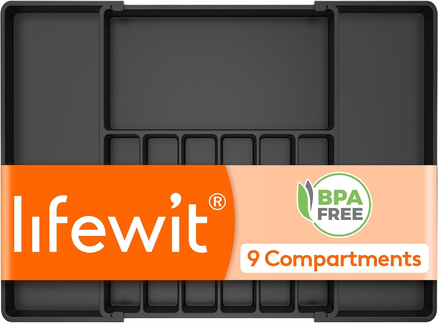 Lifewit Expandable Silverware Organizer, Plastic Utensil Tray for Kitchen Drawer, BPA Free Flatware Cutlery Holder, Space-Saving Storage for Spoons Forks Knives, 8.5-14 x 12 x 1.5 inch, Black