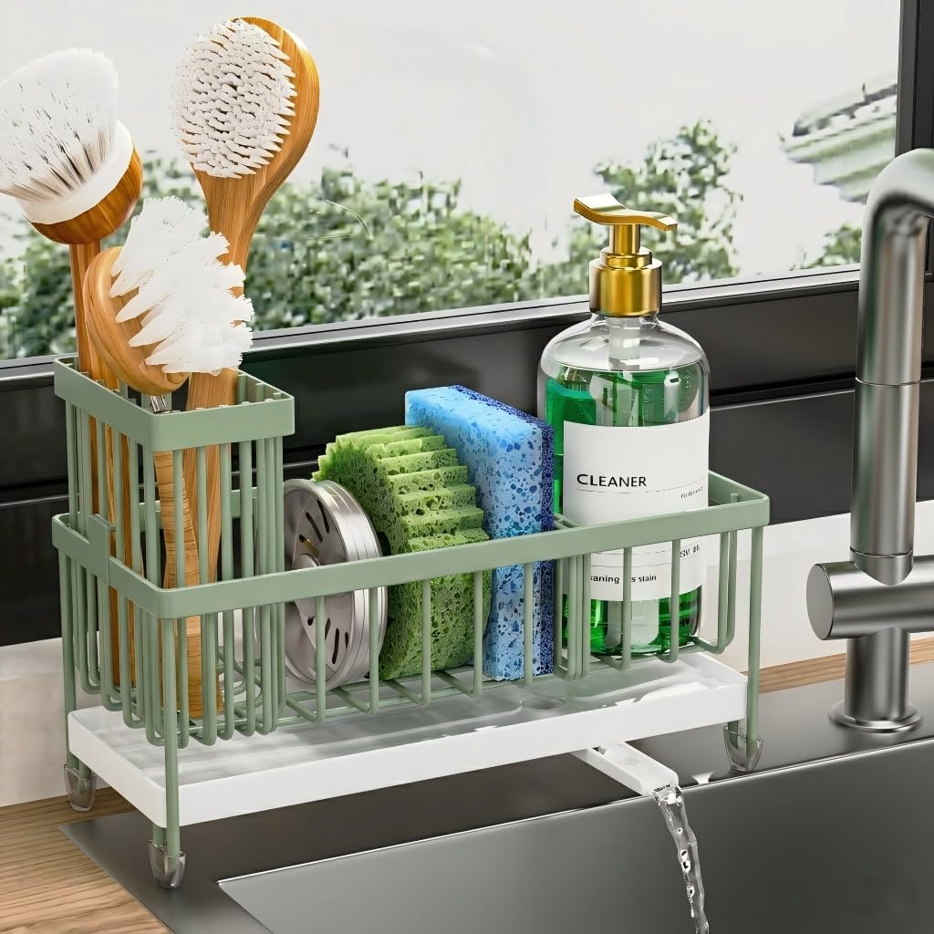 Cisily Sponge Holder for Kitchen Sink, Sink Caddy Organizer with High Brush Holder, Kitchen Countertop Organizers and Storage Essentials, Rustproof 304 Stainless Steel (Silver, 9.25″)