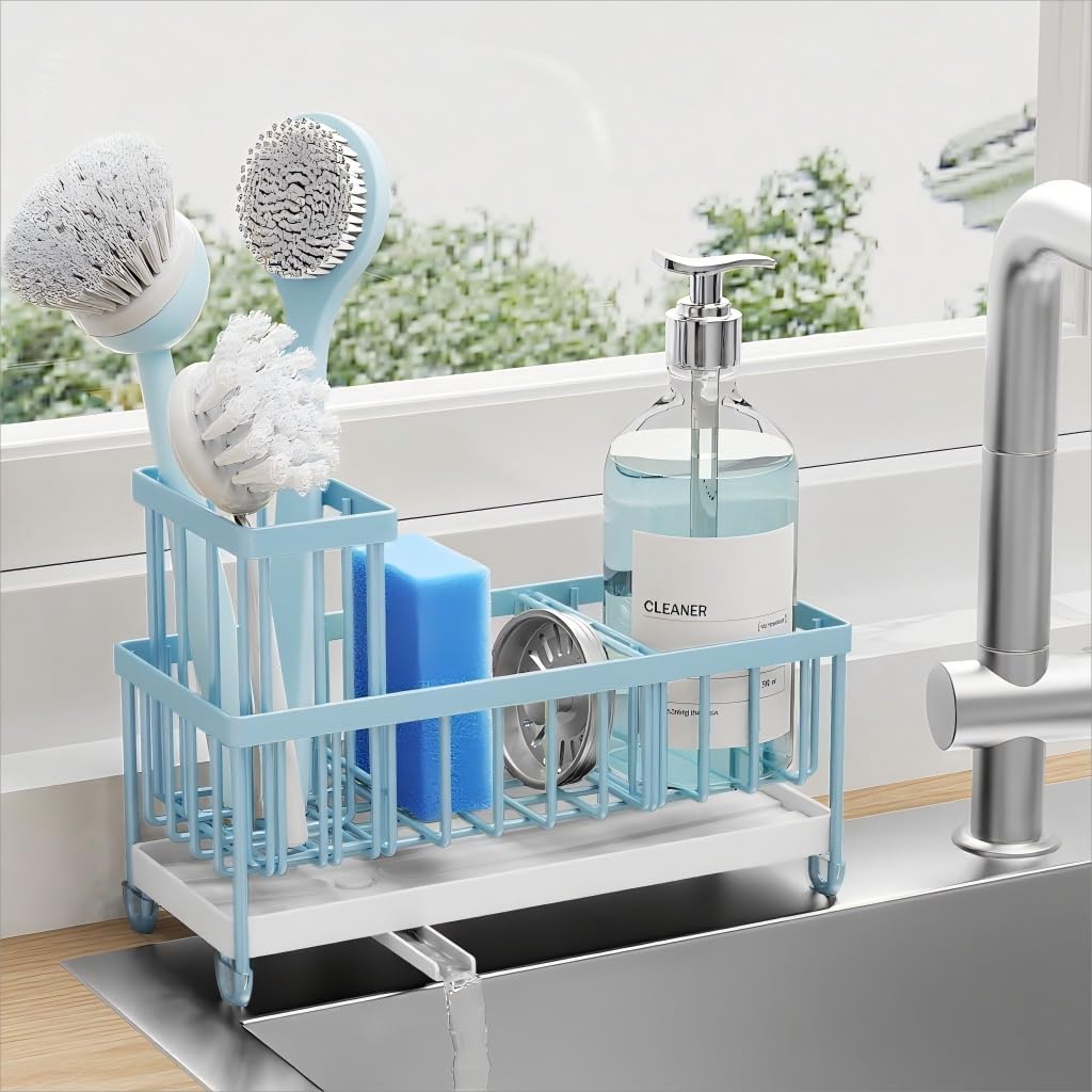 Cisily Sponge Holder for Kitchen Sink, Sink Caddy Organizer with High Brush Holder, Kitchen Countertop Organizers and Storage Essentials, Rustproof 304 Stainless Steel (Silver, 9.25″)