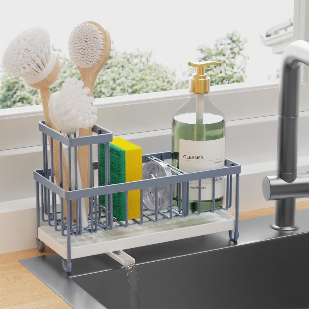 Cisily Sponge Holder for Kitchen Sink, Sink Caddy Organizer with High Brush Holder, Kitchen Countertop Organizers and Storage Essentials, Rustproof 304 Stainless Steel (Silver, 9.25″)
