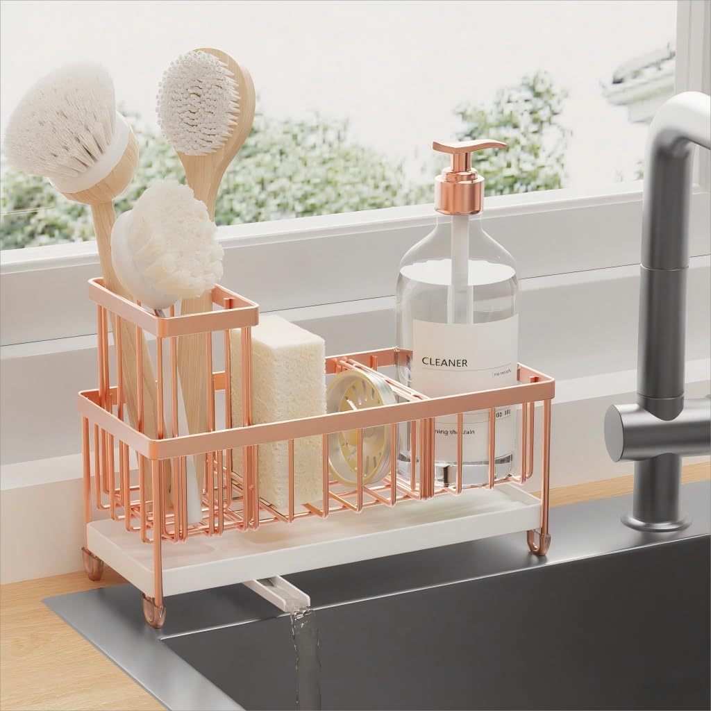 Cisily Sponge Holder for Kitchen Sink, Sink Caddy Organizer with High Brush Holder, Kitchen Countertop Organizers and Storage Essentials, Rustproof 304 Stainless Steel (Silver, 9.25″)