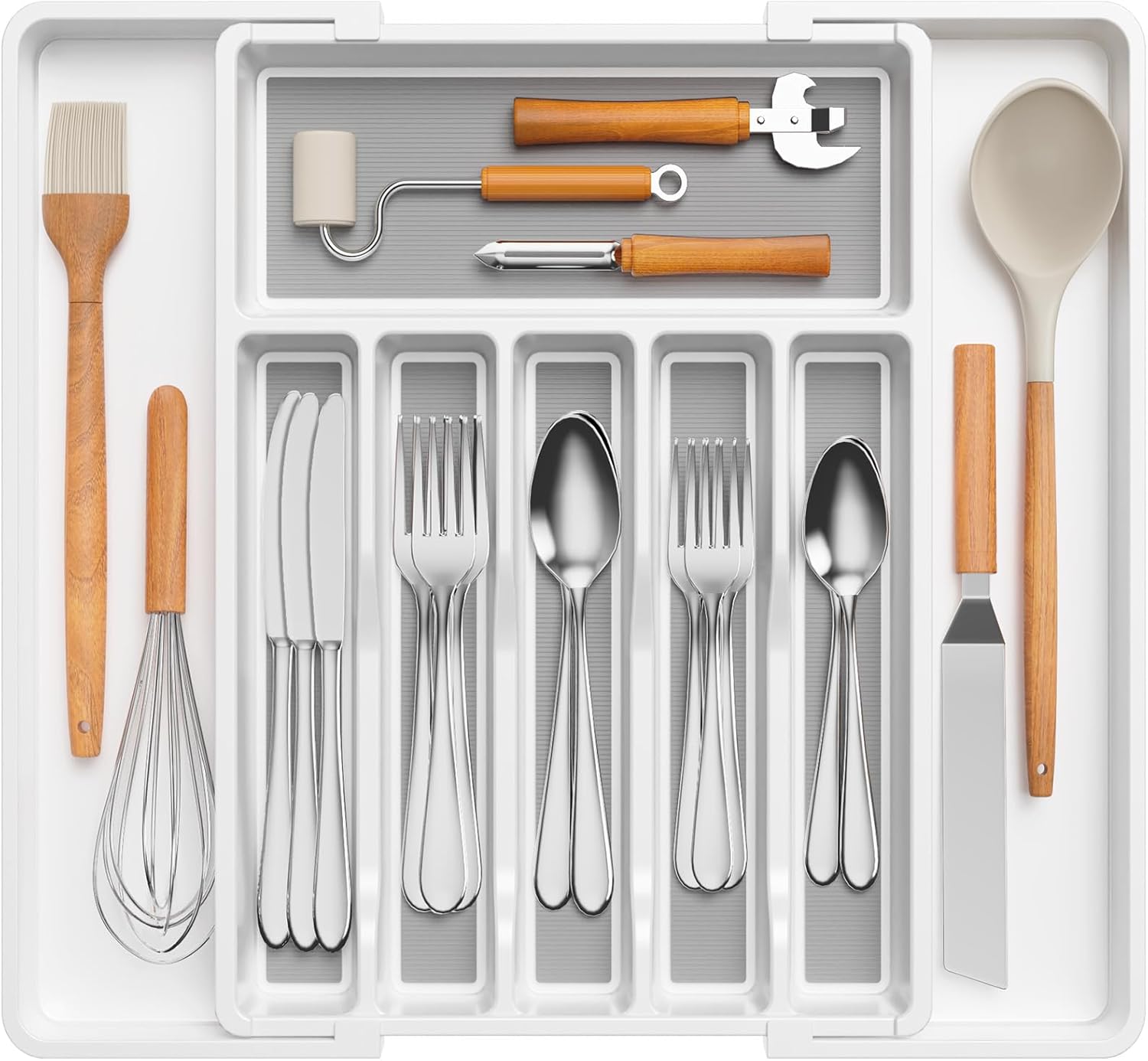 Lifewit Expandable Silverware Organizer, Plastic Utensil Tray for Kitchen Drawer, BPA Free Flatware Cutlery Holder, Space-Saving Storage for Spoons Forks Knives, 8.5-14 x 12 x 1.5 inch, Black