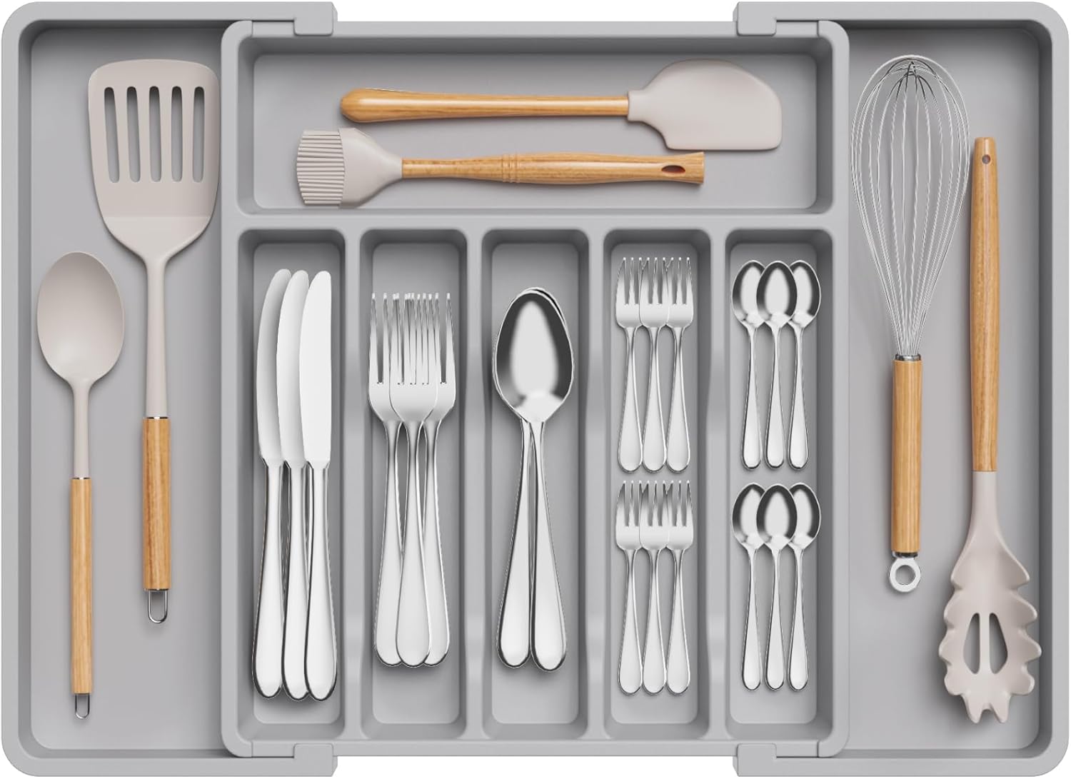 Lifewit Expandable Silverware Organizer, Plastic Utensil Tray for Kitchen Drawer, BPA Free Flatware Cutlery Holder, Space-Saving Storage for Spoons Forks Knives, 8.5-14 x 12 x 1.5 inch, Black