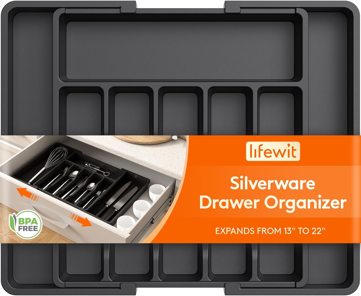 Lifewit Expandable Silverware Organizer, Plastic Utensil Tray for Kitchen Drawer, BPA Free Flatware Cutlery Holder, Space-Saving Storage for Spoons Forks Knives, 8.5-14 x 12 x 1.5 inch, Black