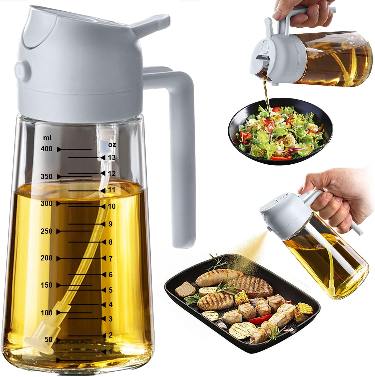 TrendPlain 16oz/470ml Glass Olive Oil Sprayer for Cooking – 2 in 1 Olive Oil Dispenser Bottle for Kitchen Gadgets and Air Fryer Accessories, Salad, BBQ - Black