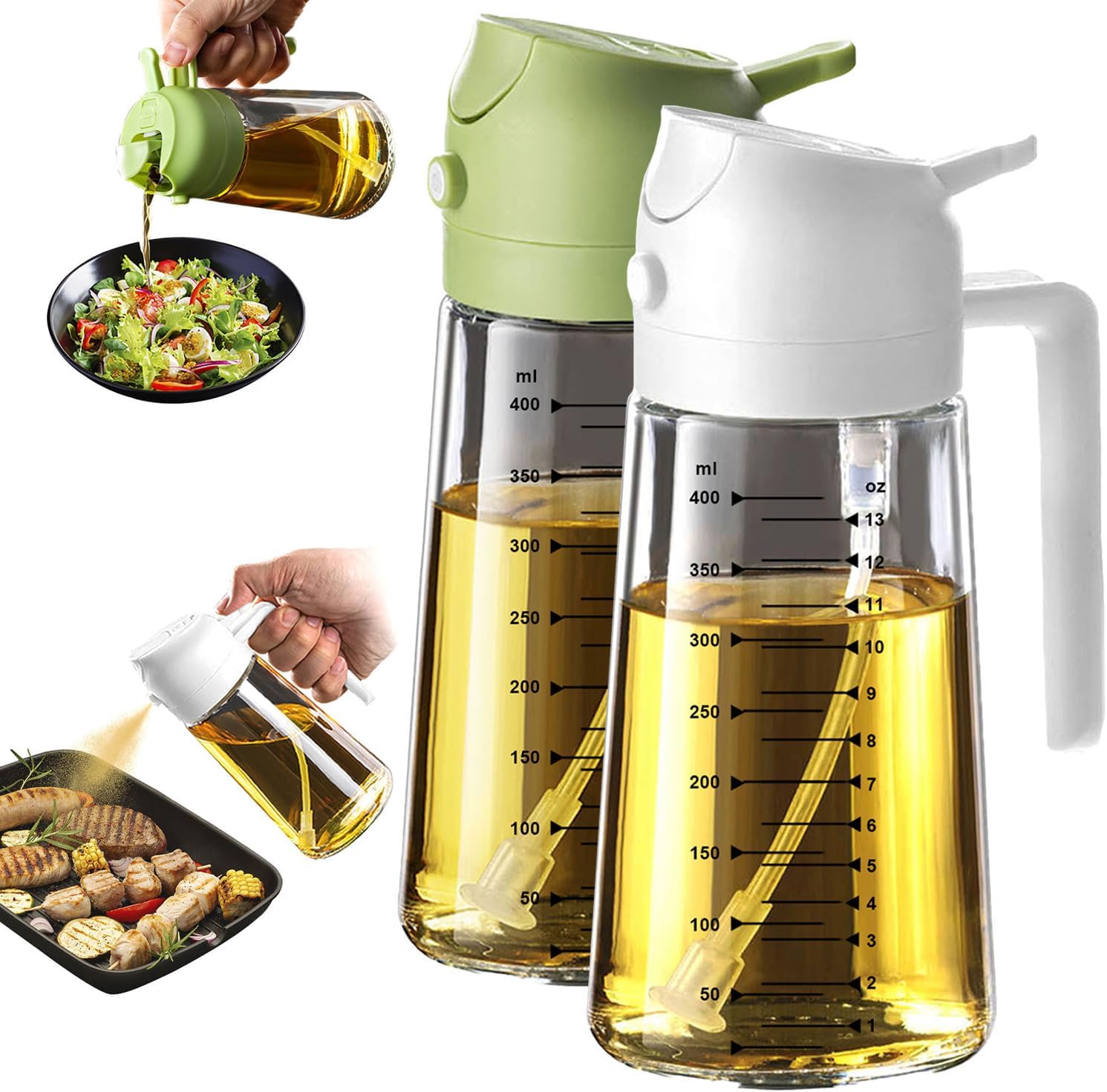 TrendPlain 16oz/470ml Glass Olive Oil Sprayer for Cooking – 2 in 1 Olive Oil Dispenser Bottle for Kitchen Gadgets and Air Fryer Accessories, Salad, BBQ - Black