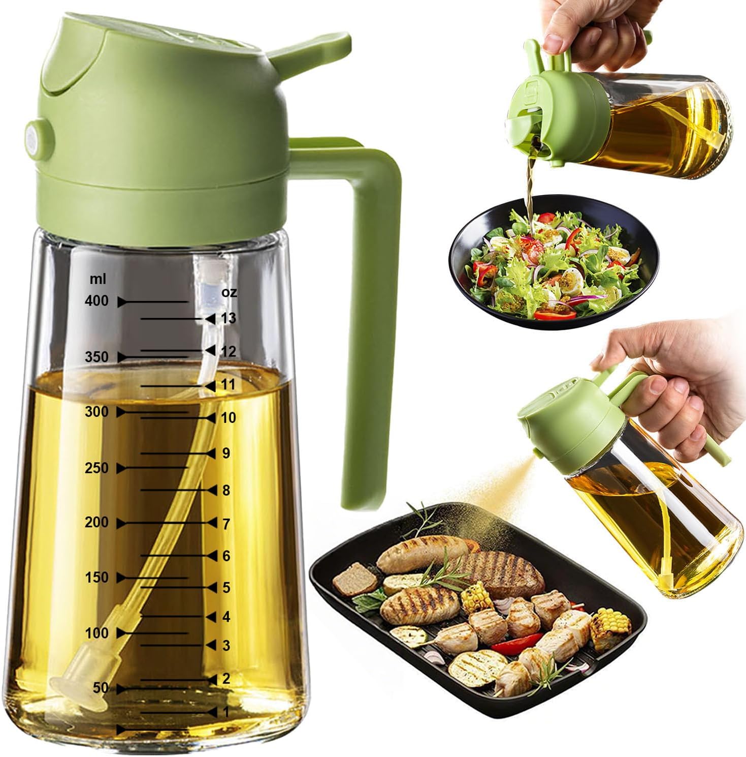 TrendPlain 16oz/470ml Glass Olive Oil Sprayer for Cooking – 2 in 1 Olive Oil Dispenser Bottle for Kitchen Gadgets and Air Fryer Accessories, Salad, BBQ - Black