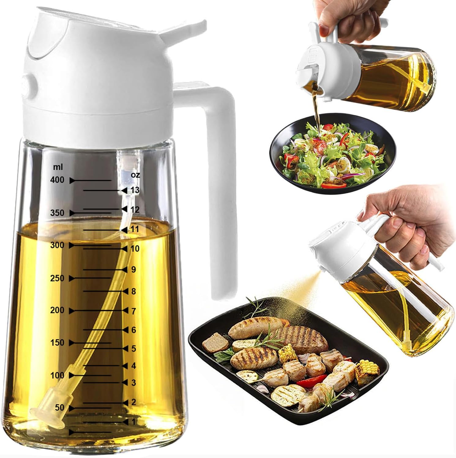 TrendPlain 16oz/470ml Glass Olive Oil Sprayer for Cooking – 2 in 1 Olive Oil Dispenser Bottle for Kitchen Gadgets and Air Fryer Accessories, Salad, BBQ - Black