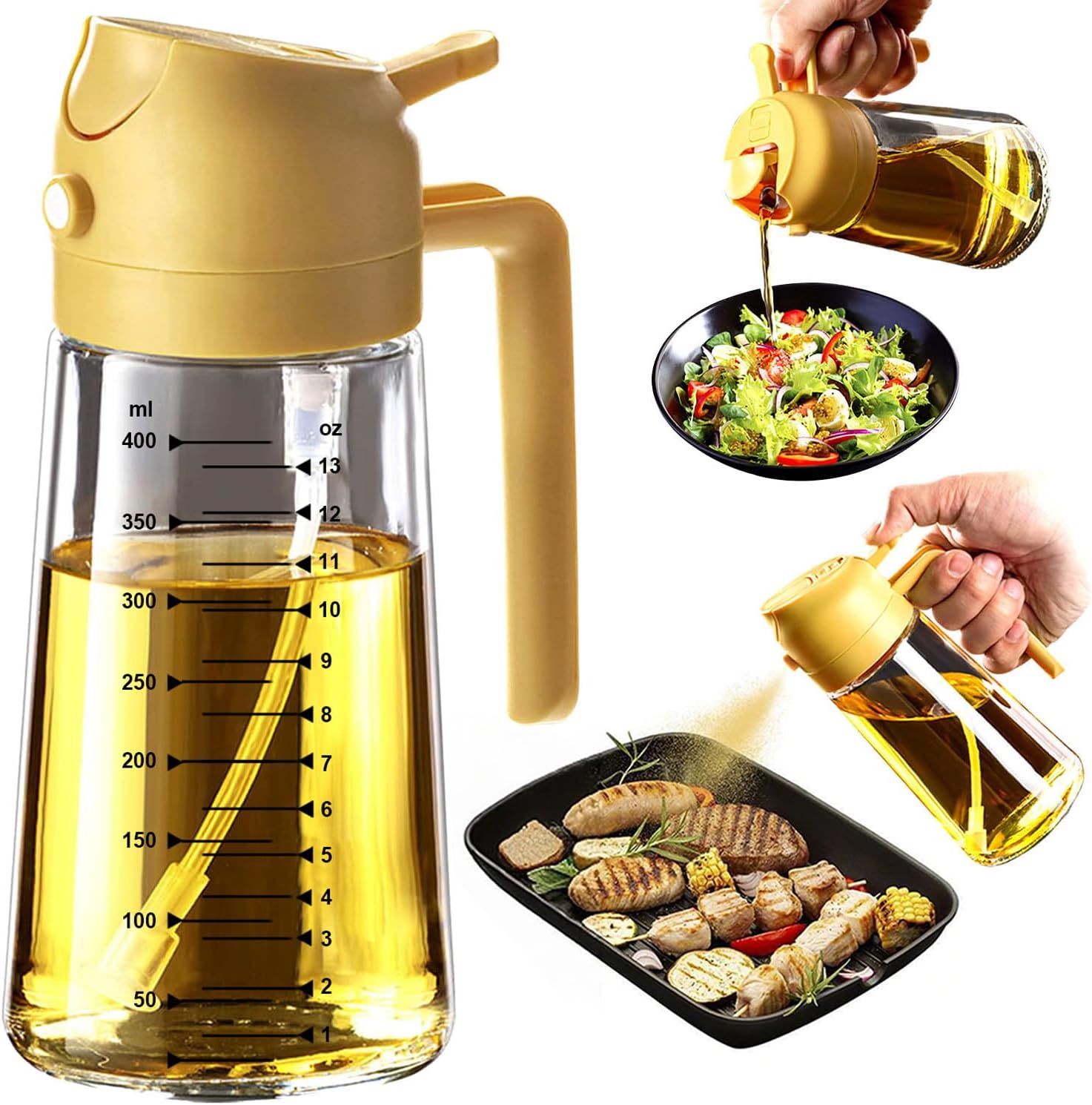 TrendPlain 16oz/470ml Glass Olive Oil Sprayer for Cooking – 2 in 1 Olive Oil Dispenser Bottle for Kitchen Gadgets and Air Fryer Accessories, Salad, BBQ - Black