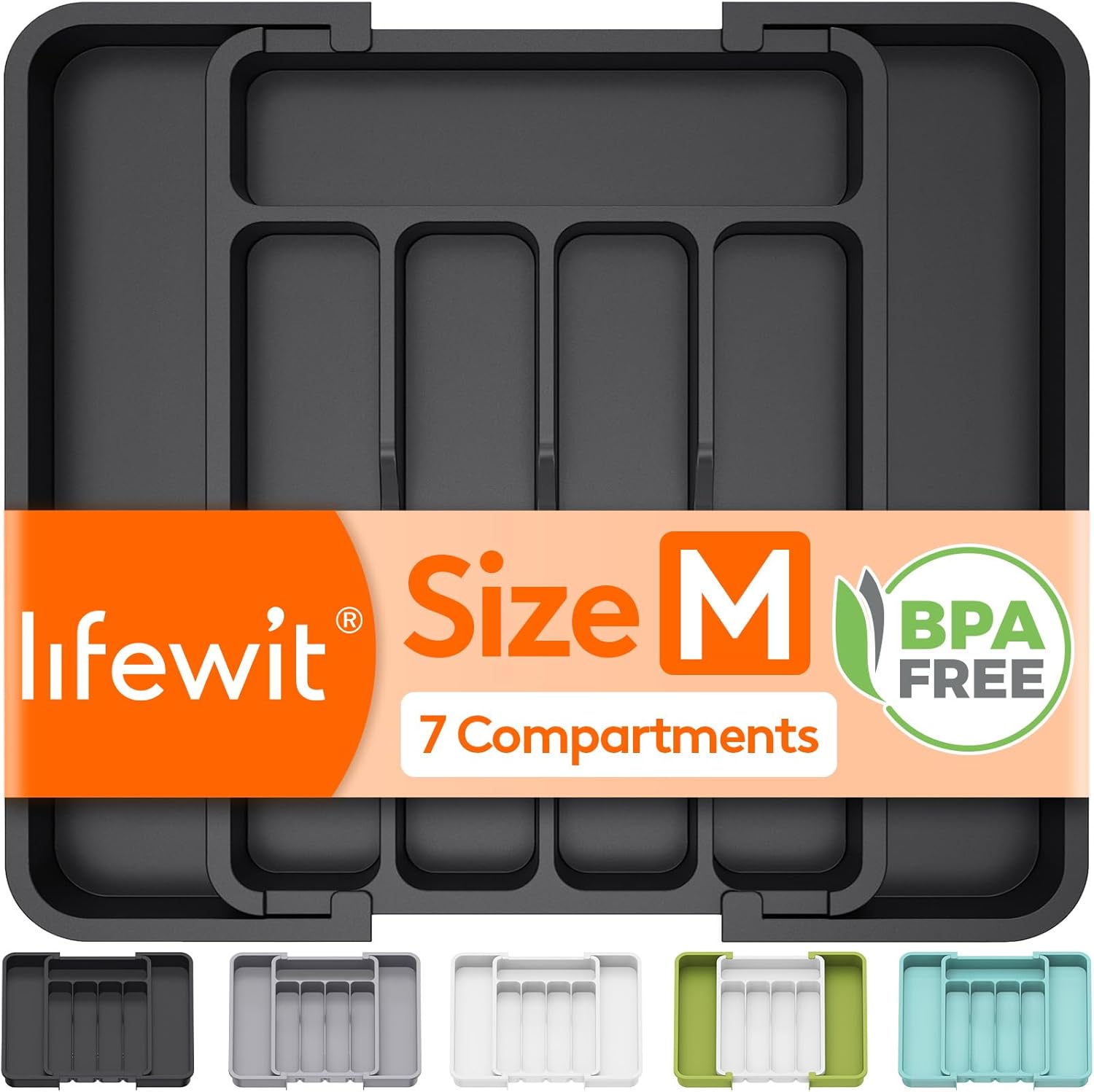 Lifewit Expandable Silverware Organizer, Plastic Utensil Tray for Kitchen Drawer, BPA Free Flatware Cutlery Holder, Space-Saving Storage for Spoons Forks Knives, 8.5-14 x 12 x 1.5 inch, Black