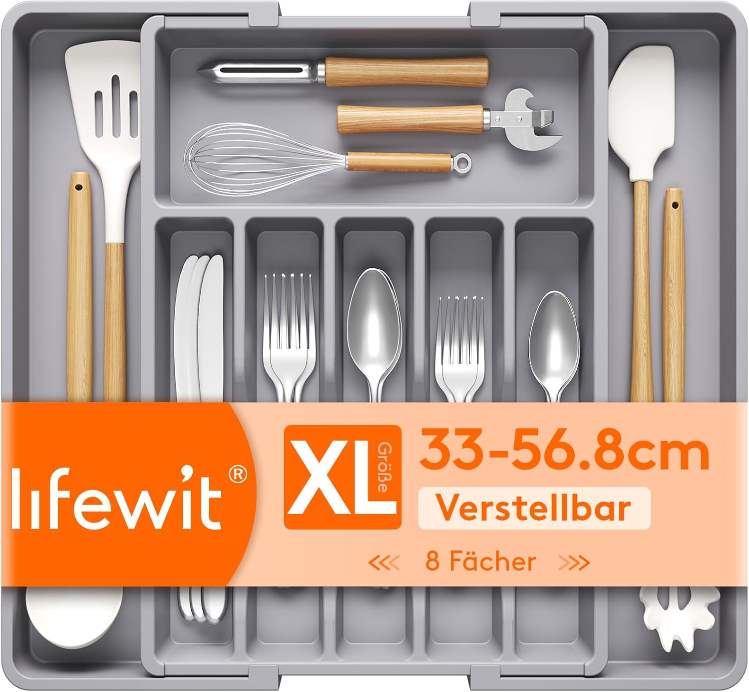 Lifewit Expandable Silverware Organizer, Plastic Utensil Tray for Kitchen Drawer, BPA Free Flatware Cutlery Holder, Space-Saving Storage for Spoons Forks Knives, 8.5-14 x 12 x 1.5 inch, Black