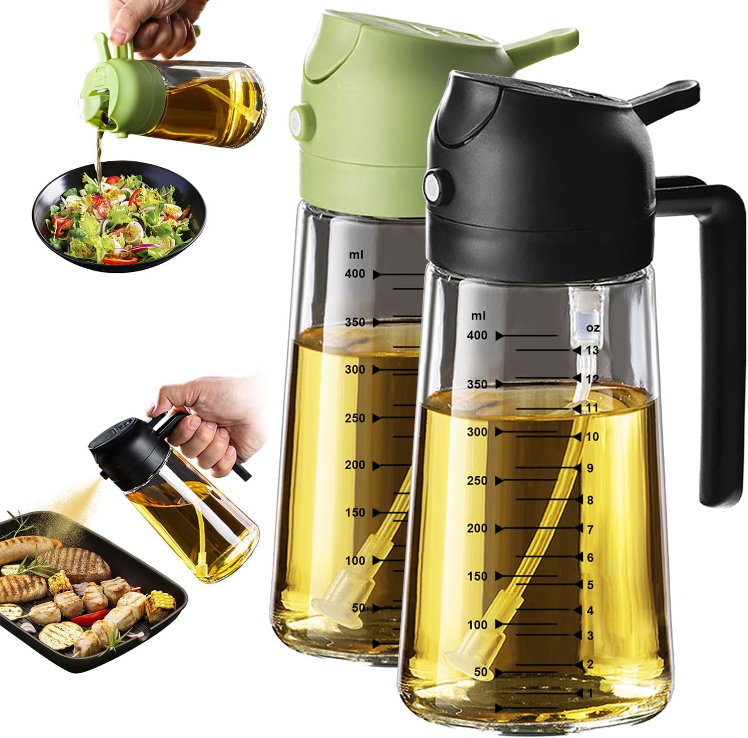TrendPlain 16oz/470ml Glass Olive Oil Sprayer for Cooking – 2 in 1 Olive Oil Dispenser Bottle for Kitchen Gadgets and Air Fryer Accessories, Salad, BBQ - Black