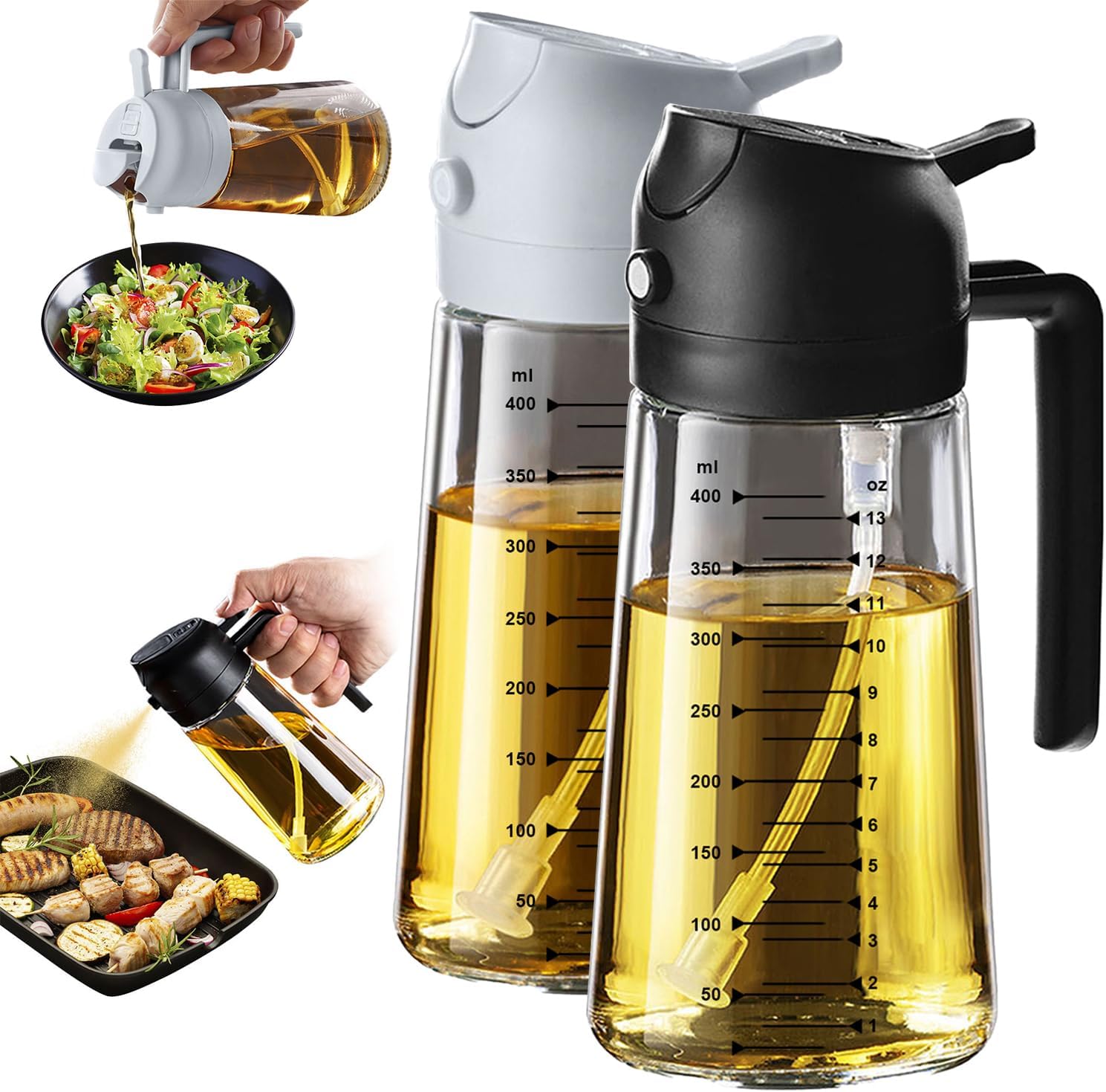 TrendPlain 16oz/470ml Glass Olive Oil Sprayer for Cooking – 2 in 1 Olive Oil Dispenser Bottle for Kitchen Gadgets and Air Fryer Accessories, Salad, BBQ - Black