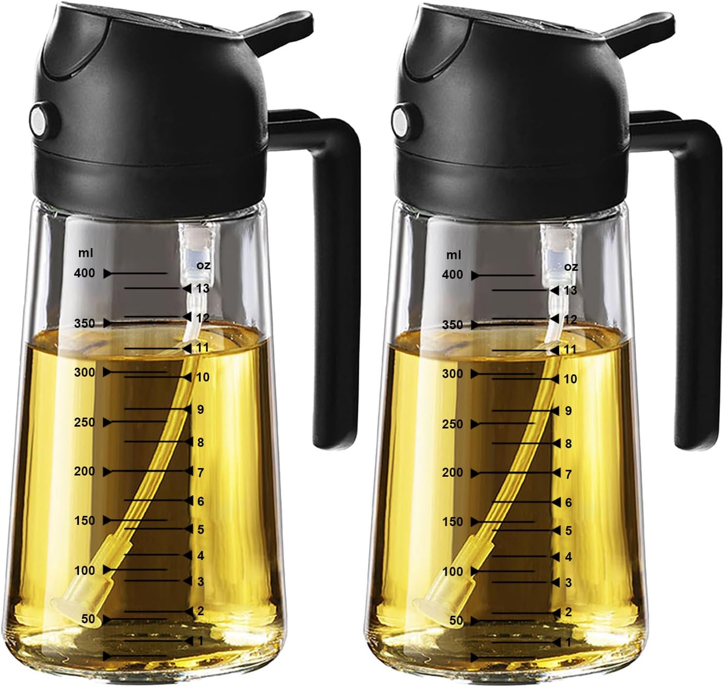 TrendPlain 16oz/470ml Glass Olive Oil Sprayer for Cooking – 2 in 1 Olive Oil Dispenser Bottle for Kitchen Gadgets and Air Fryer Accessories, Salad, BBQ - Black