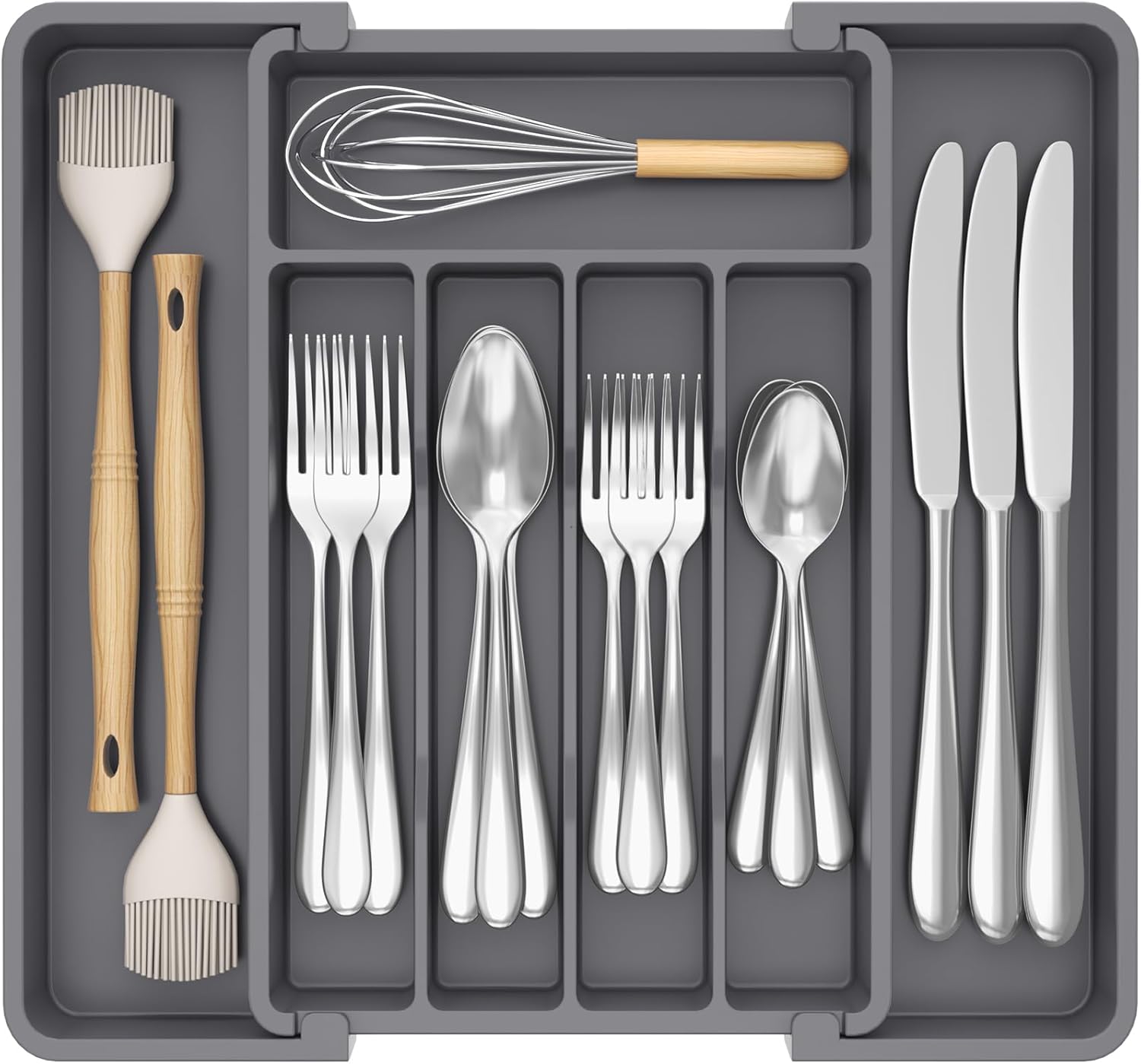 Lifewit Expandable Silverware Organizer, Plastic Utensil Tray for Kitchen Drawer, BPA Free Flatware Cutlery Holder, Space-Saving Storage for Spoons Forks Knives, 8.5-14 x 12 x 1.5 inch, Black