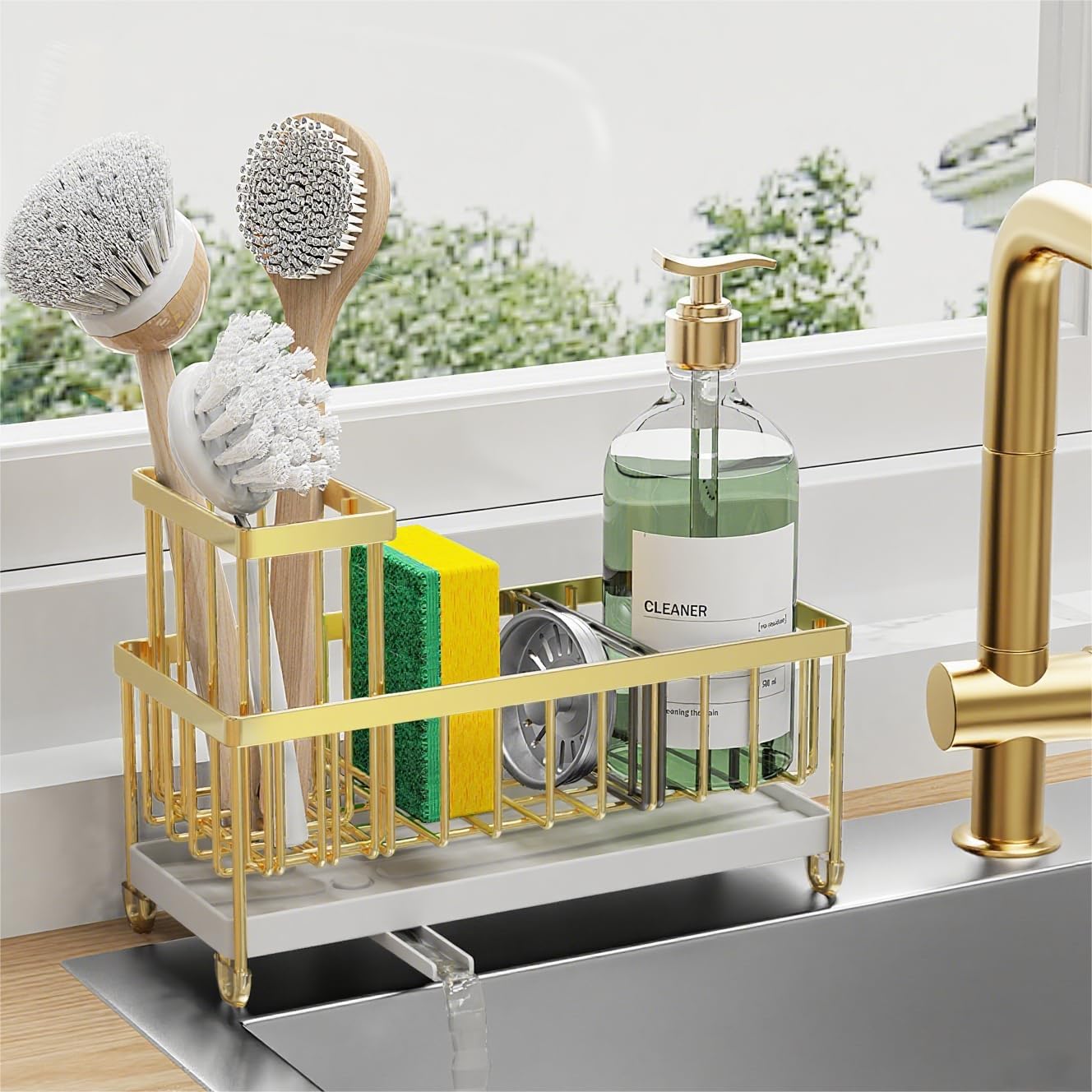 Cisily Sponge Holder for Kitchen Sink, Sink Caddy Organizer with High Brush Holder, Kitchen Countertop Organizers and Storage Essentials, Rustproof 304 Stainless Steel (Silver, 9.25″)