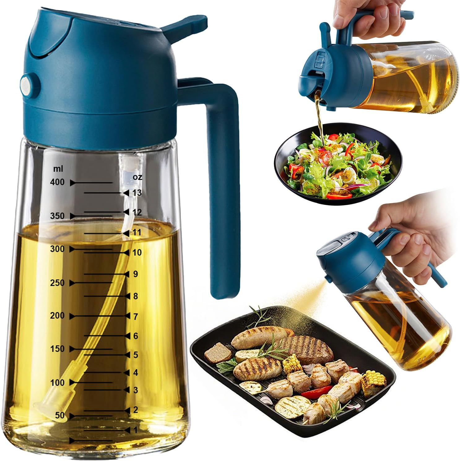 TrendPlain 16oz/470ml Glass Olive Oil Sprayer for Cooking – 2 in 1 Olive Oil Dispenser Bottle for Kitchen Gadgets and Air Fryer Accessories, Salad, BBQ - Black