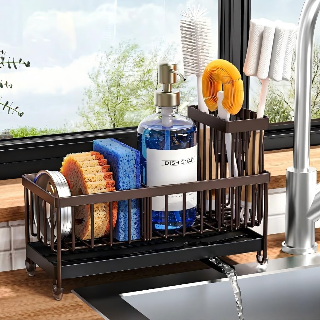 Cisily Sponge Holder for Kitchen Sink, Sink Caddy Organizer with High Brush Holder, Kitchen Countertop Organizers and Storage Essentials, Rustproof 304 Stainless Steel (Silver, 9.25″)