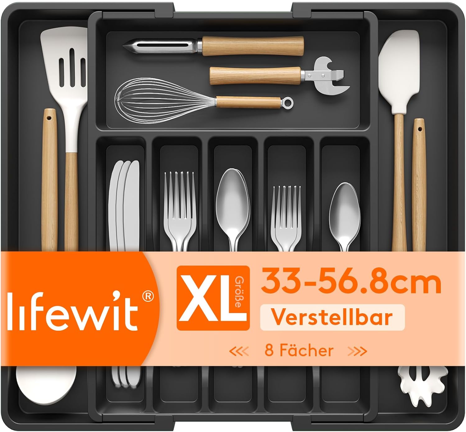 Lifewit Expandable Silverware Organizer, Plastic Utensil Tray for Kitchen Drawer, BPA Free Flatware Cutlery Holder, Space-Saving Storage for Spoons Forks Knives, 8.5-14 x 12 x 1.5 inch, Black