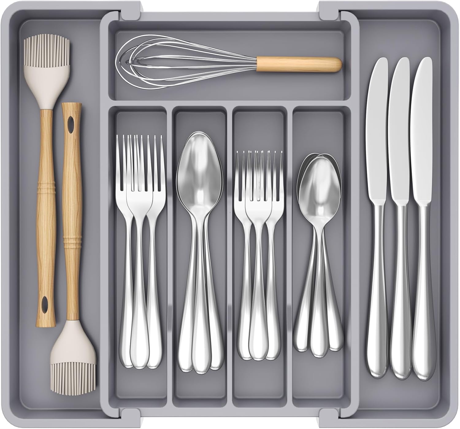 Lifewit Expandable Silverware Organizer, Plastic Utensil Tray for Kitchen Drawer, BPA Free Flatware Cutlery Holder, Space-Saving Storage for Spoons Forks Knives, 8.5-14 x 12 x 1.5 inch, Black