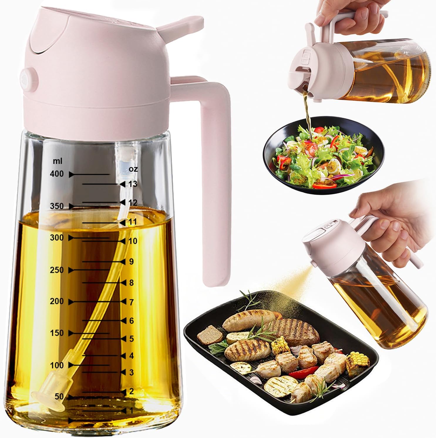TrendPlain 16oz/470ml Glass Olive Oil Sprayer for Cooking – 2 in 1 Olive Oil Dispenser Bottle for Kitchen Gadgets and Air Fryer Accessories, Salad, BBQ - Black