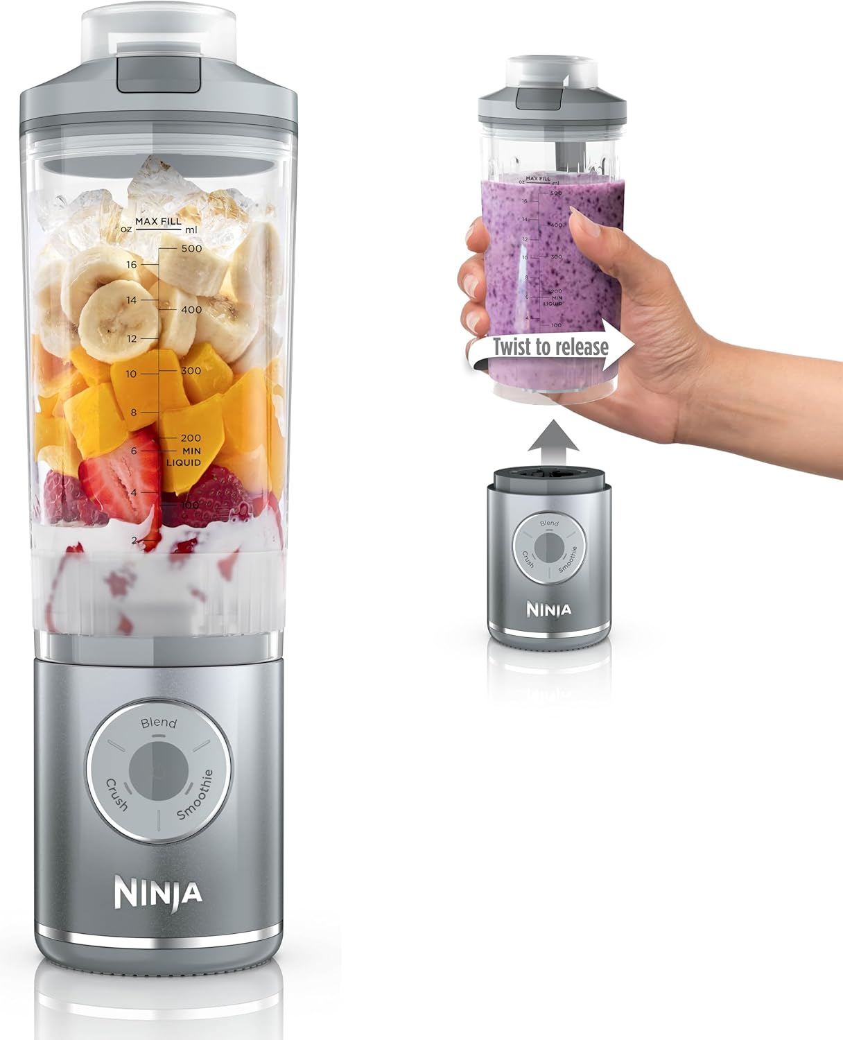 Ninja Blast Max, Portable Blender + Twist & Go, Personal Smoothie, Blend, Ice Crush, 3 Programs, Cordless, 22 oz removable Vessel, Dishwasher Safe, Leakproof, Navy, BC251NV