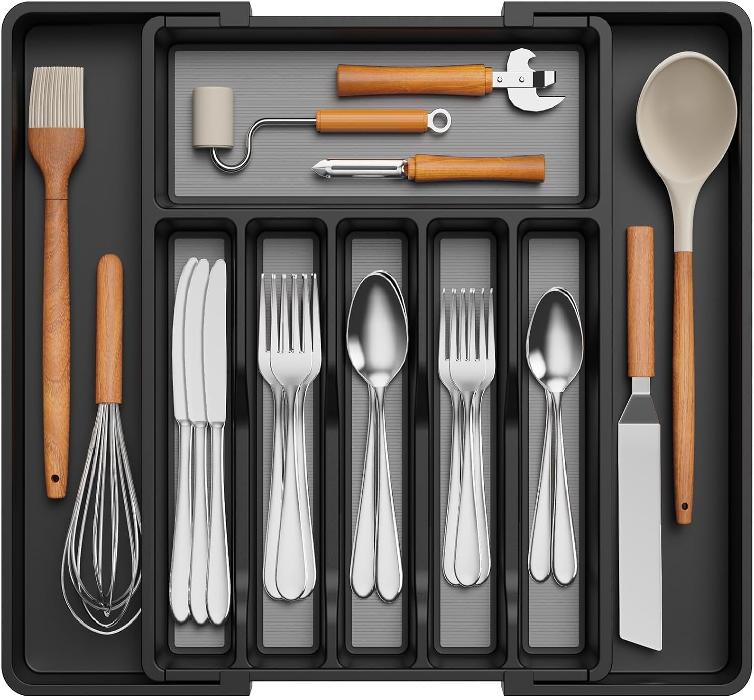 Lifewit Expandable Silverware Organizer, Plastic Utensil Tray for Kitchen Drawer, BPA Free Flatware Cutlery Holder, Space-Saving Storage for Spoons Forks Knives, 8.5-14 x 12 x 1.5 inch, Black