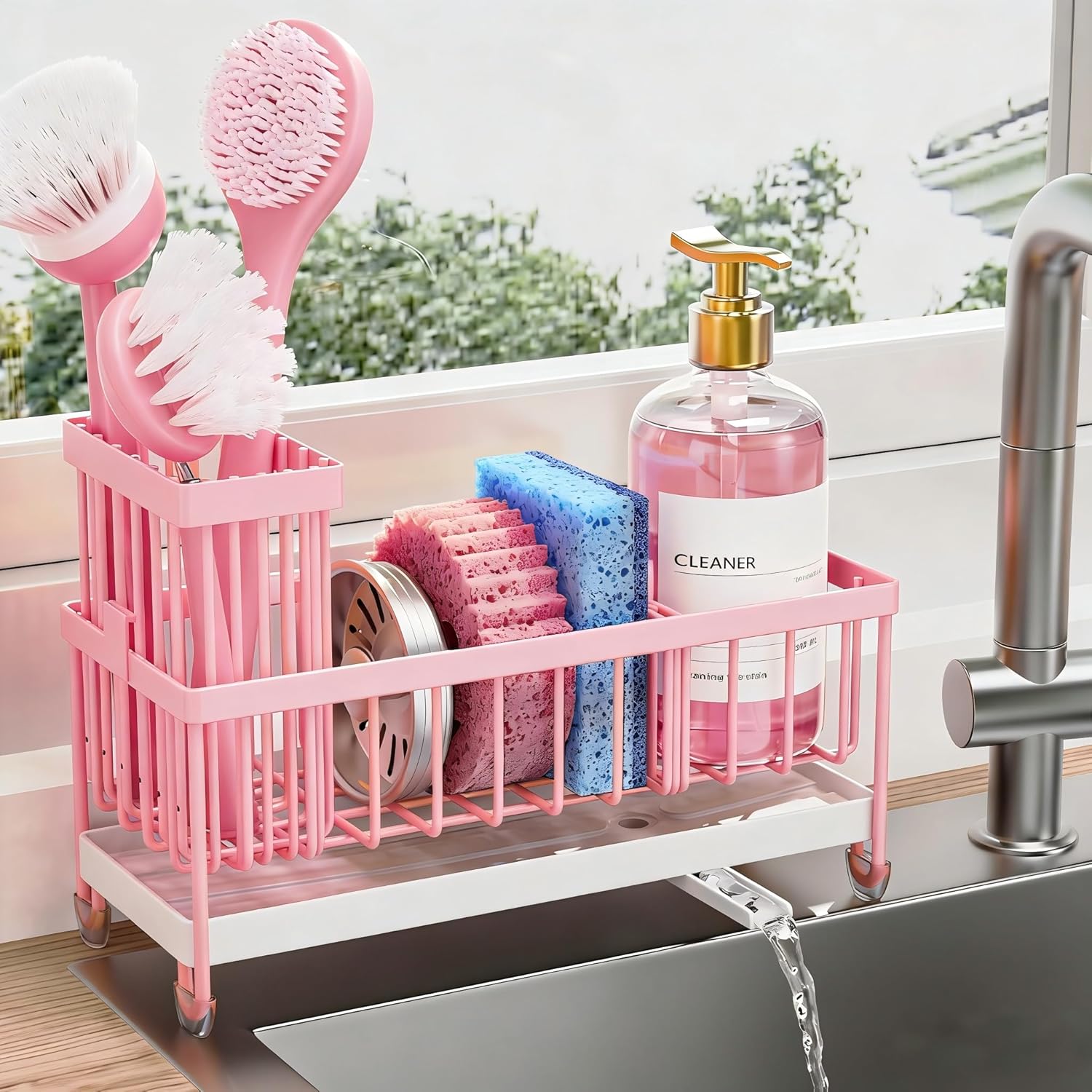 Cisily Sponge Holder for Kitchen Sink, Sink Caddy Organizer with High Brush Holder, Kitchen Countertop Organizers and Storage Essentials, Rustproof 304 Stainless Steel (Silver, 9.25″)