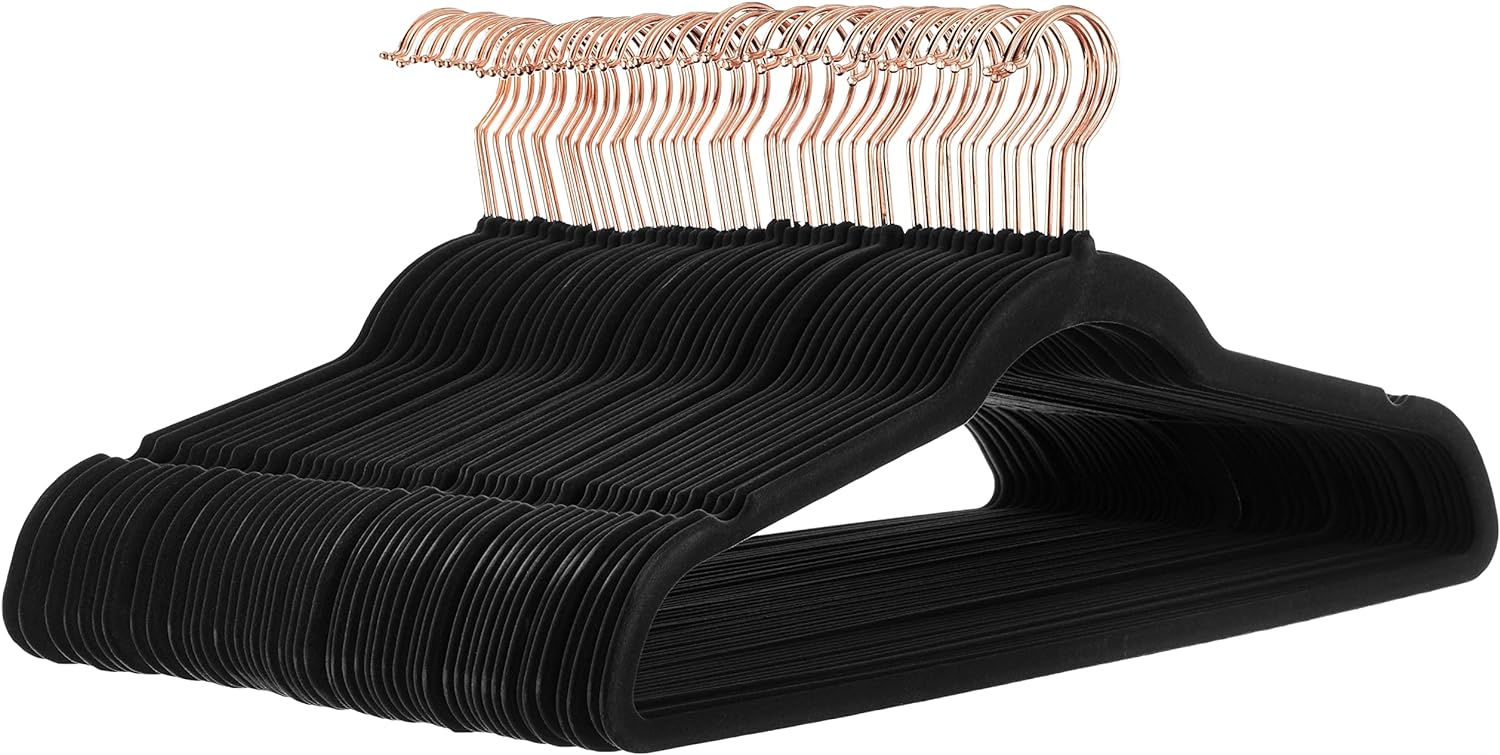 Amazon Basics Slim Velvet Non-Slip Space Saving Suit Clothes Hangers, Closet Organizer, Black, 50-Pack