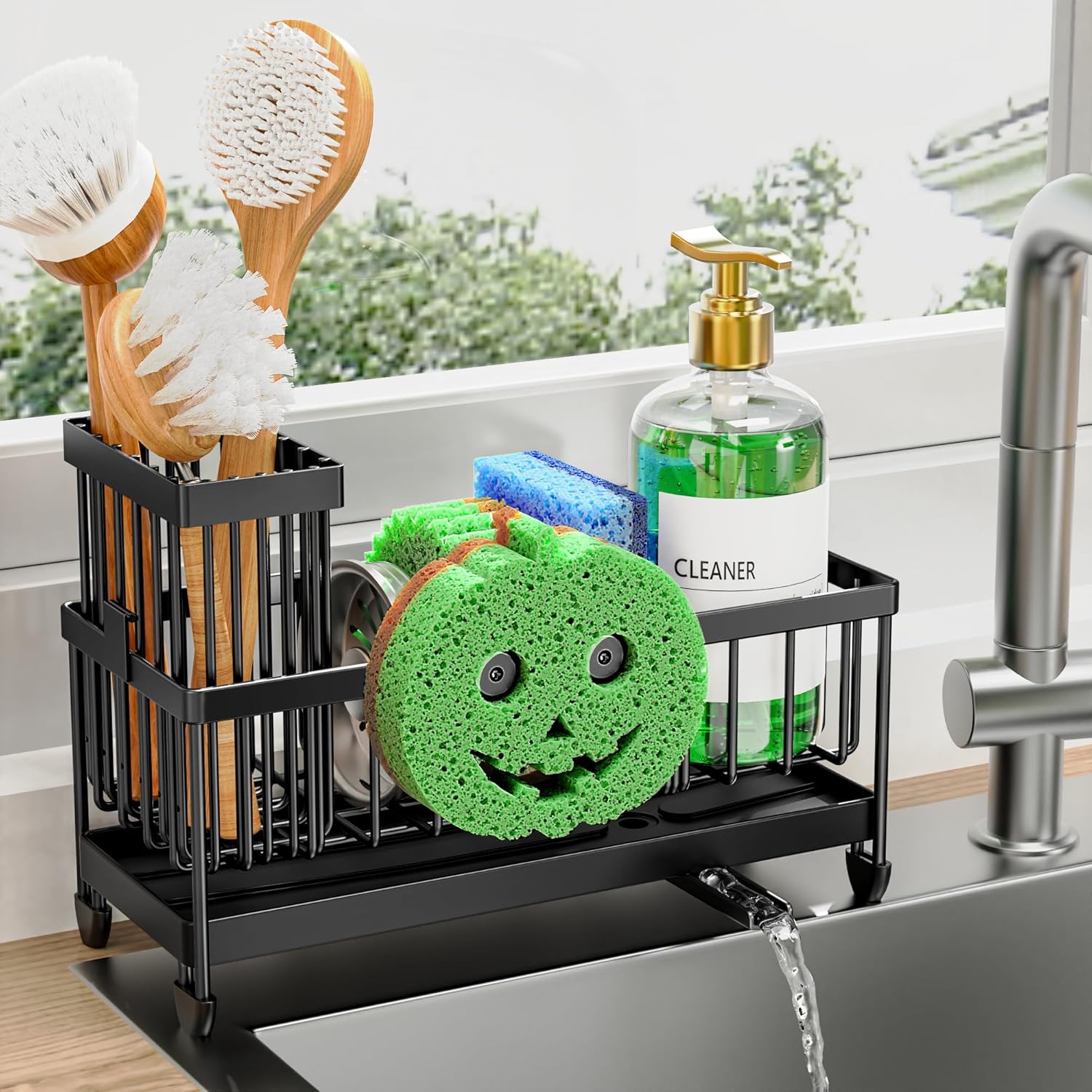 Cisily Sponge Holder for Kitchen Sink, Sink Caddy Organizer with High Brush Holder, Kitchen Countertop Organizers and Storage Essentials, Rustproof 304 Stainless Steel (Silver, 9.25″)
