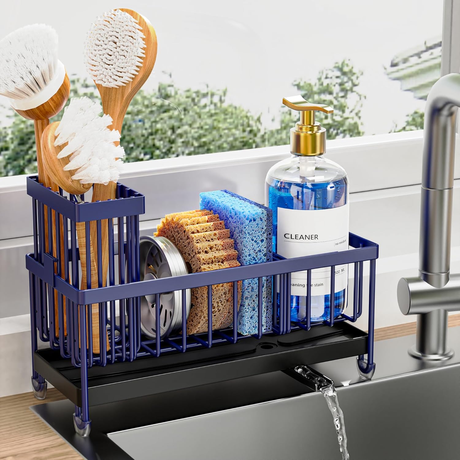 Cisily Sponge Holder for Kitchen Sink, Sink Caddy Organizer with High Brush Holder, Kitchen Countertop Organizers and Storage Essentials, Rustproof 304 Stainless Steel (Silver, 9.25″)