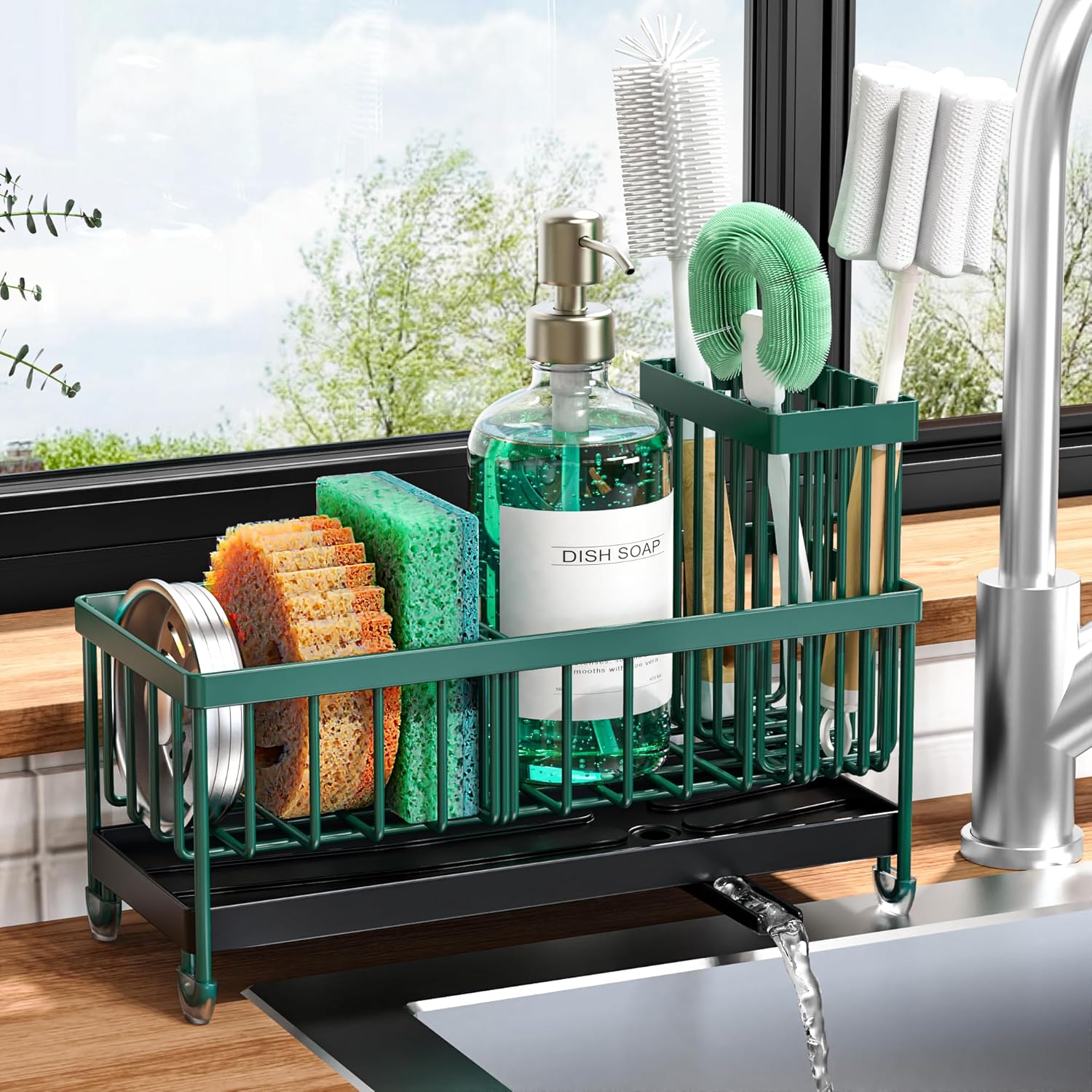 Cisily Sponge Holder for Kitchen Sink, Sink Caddy Organizer with High Brush Holder, Kitchen Countertop Organizers and Storage Essentials, Rustproof 304 Stainless Steel (Silver, 9.25″)