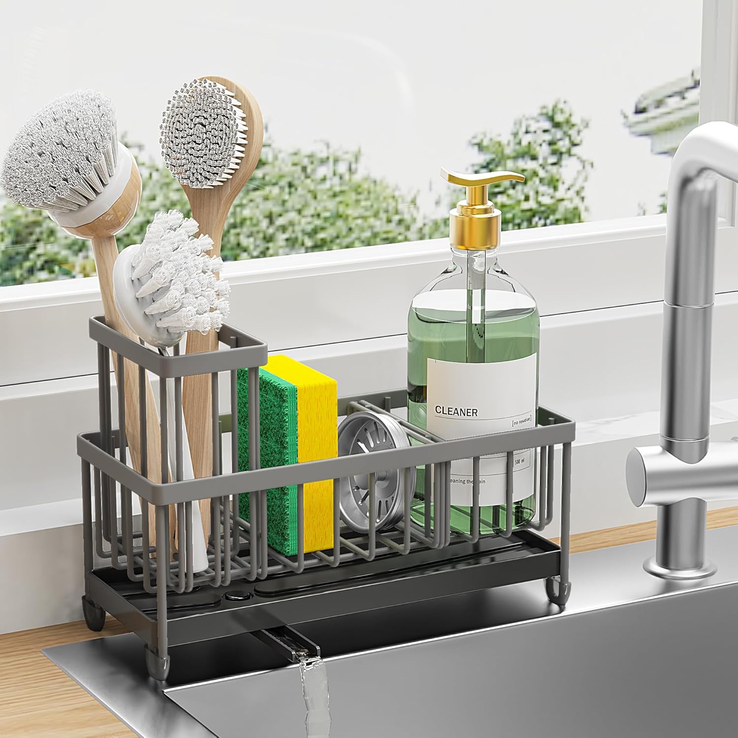 Cisily Sponge Holder for Kitchen Sink, Sink Caddy Organizer with High Brush Holder, Kitchen Countertop Organizers and Storage Essentials, Rustproof 304 Stainless Steel (Silver, 9.25″)