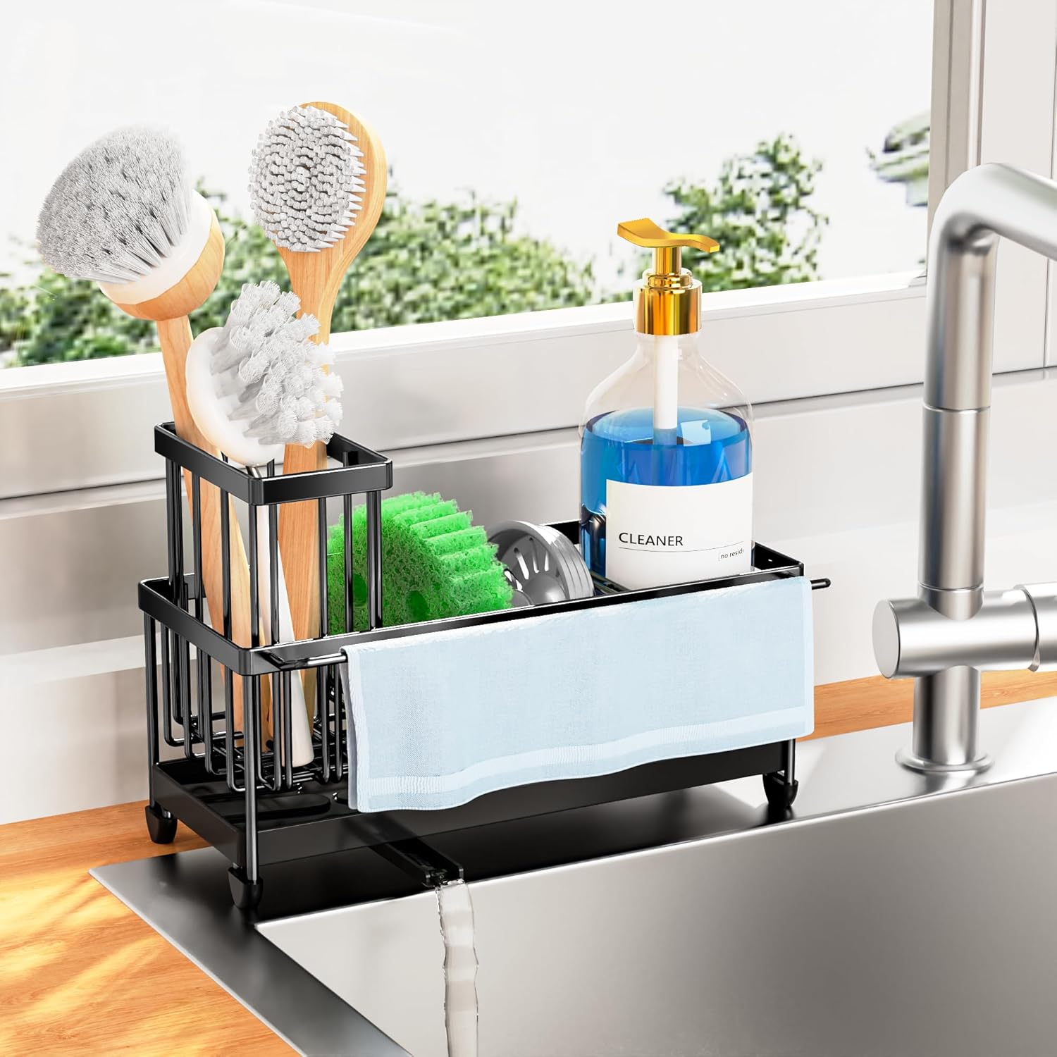Cisily Sponge Holder for Kitchen Sink, Sink Caddy Organizer with High Brush Holder, Kitchen Countertop Organizers and Storage Essentials, Rustproof 304 Stainless Steel (Silver, 9.25″)