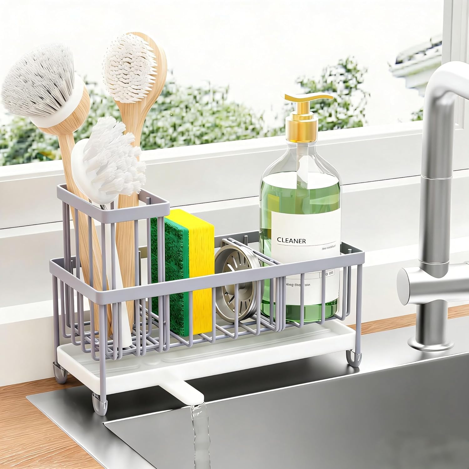 Cisily Sponge Holder for Kitchen Sink, Sink Caddy Organizer with High Brush Holder, Kitchen Countertop Organizers and Storage Essentials, Rustproof 304 Stainless Steel (Silver, 9.25″)