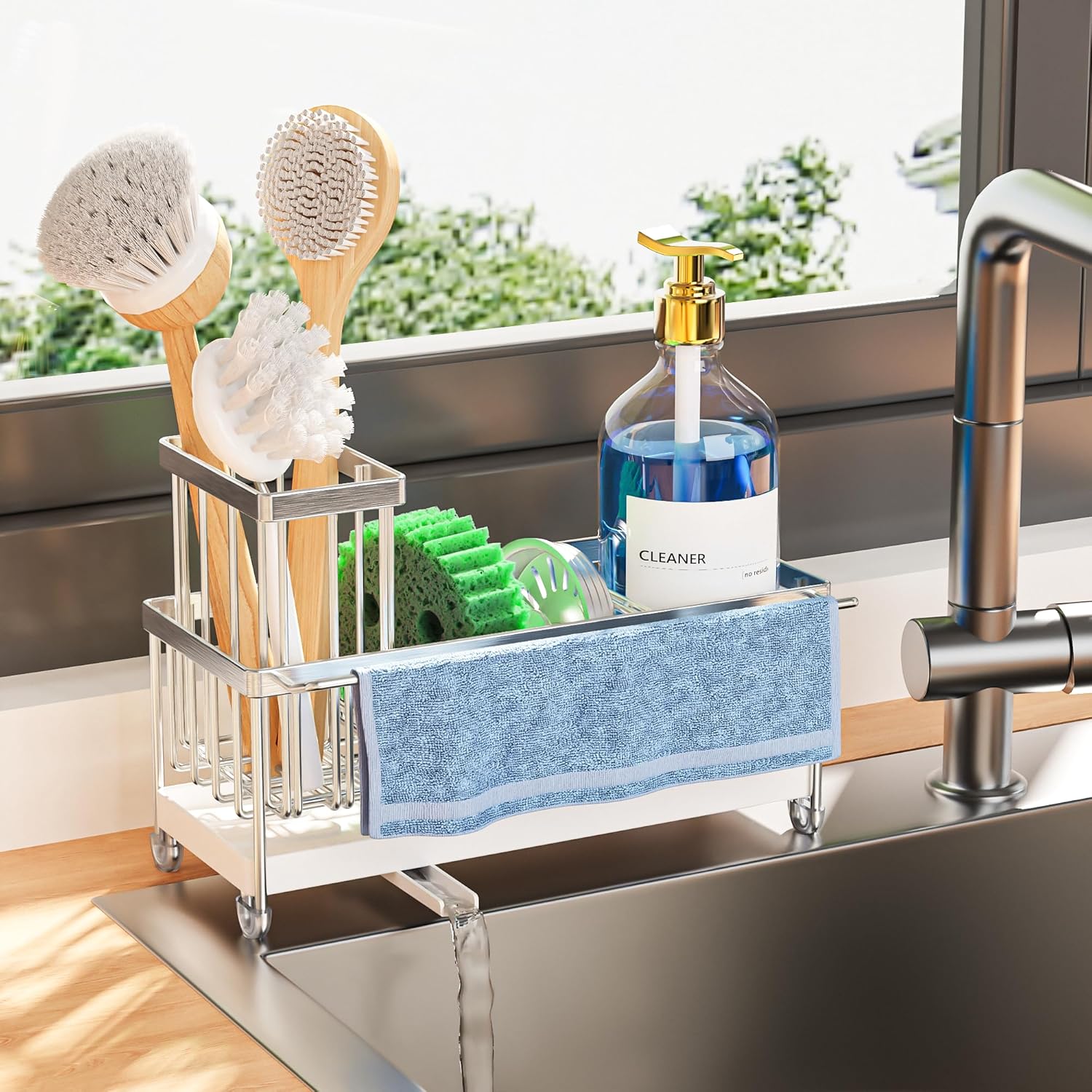 Cisily Sponge Holder for Kitchen Sink, Sink Caddy Organizer with High Brush Holder, Kitchen Countertop Organizers and Storage Essentials, Rustproof 304 Stainless Steel (Silver, 9.25″)