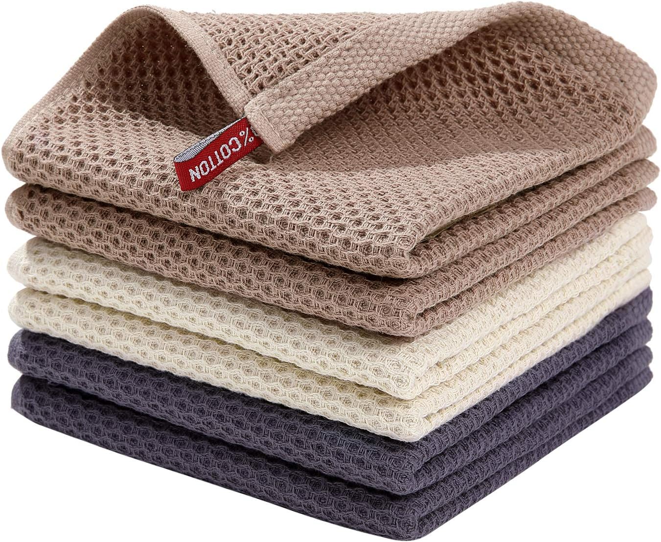 Homaxy 100% Cotton Waffle Weave Kitchen Dish Cloths, Ultra Soft Absorbent Quick Drying Dish Towels, 12 x 12 Inches, 6-Pack, Dark Grey