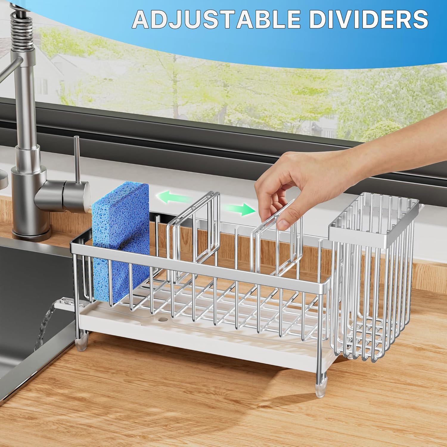 Cisily Sponge Holder for Kitchen Sink, Sink Caddy Organizer with High Brush Holder, Kitchen Countertop Organizers and Storage Essentials, Rustproof 304 Stainless Steel (Silver, 9.25″)