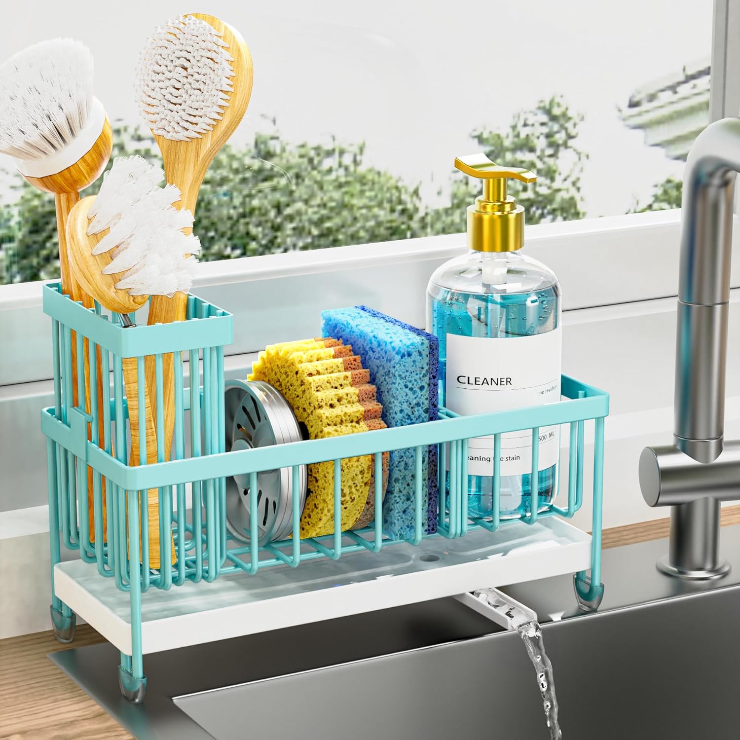 Cisily Sponge Holder for Kitchen Sink, Sink Caddy Organizer with High Brush Holder, Kitchen Countertop Organizers and Storage Essentials, Rustproof 304 Stainless Steel (Silver, 9.25″)
