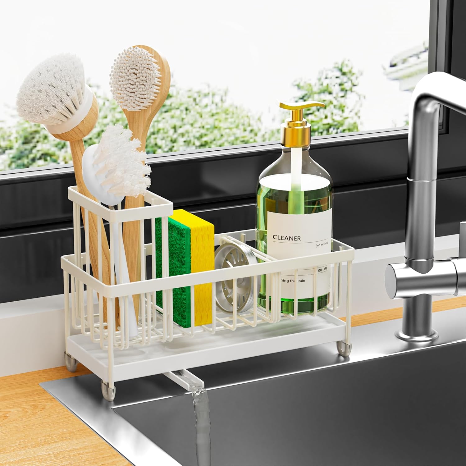 Cisily Sponge Holder for Kitchen Sink, Sink Caddy Organizer with High Brush Holder, Kitchen Countertop Organizers and Storage Essentials, Rustproof 304 Stainless Steel (Silver, 9.25″)