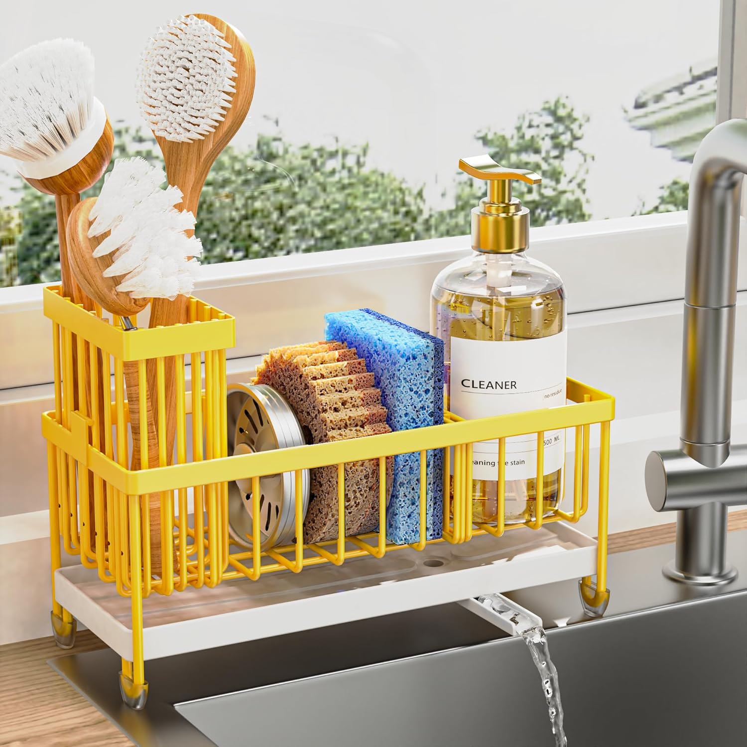 Cisily Sponge Holder for Kitchen Sink, Sink Caddy Organizer with High Brush Holder, Kitchen Countertop Organizers and Storage Essentials, Rustproof 304 Stainless Steel (Silver, 9.25″)