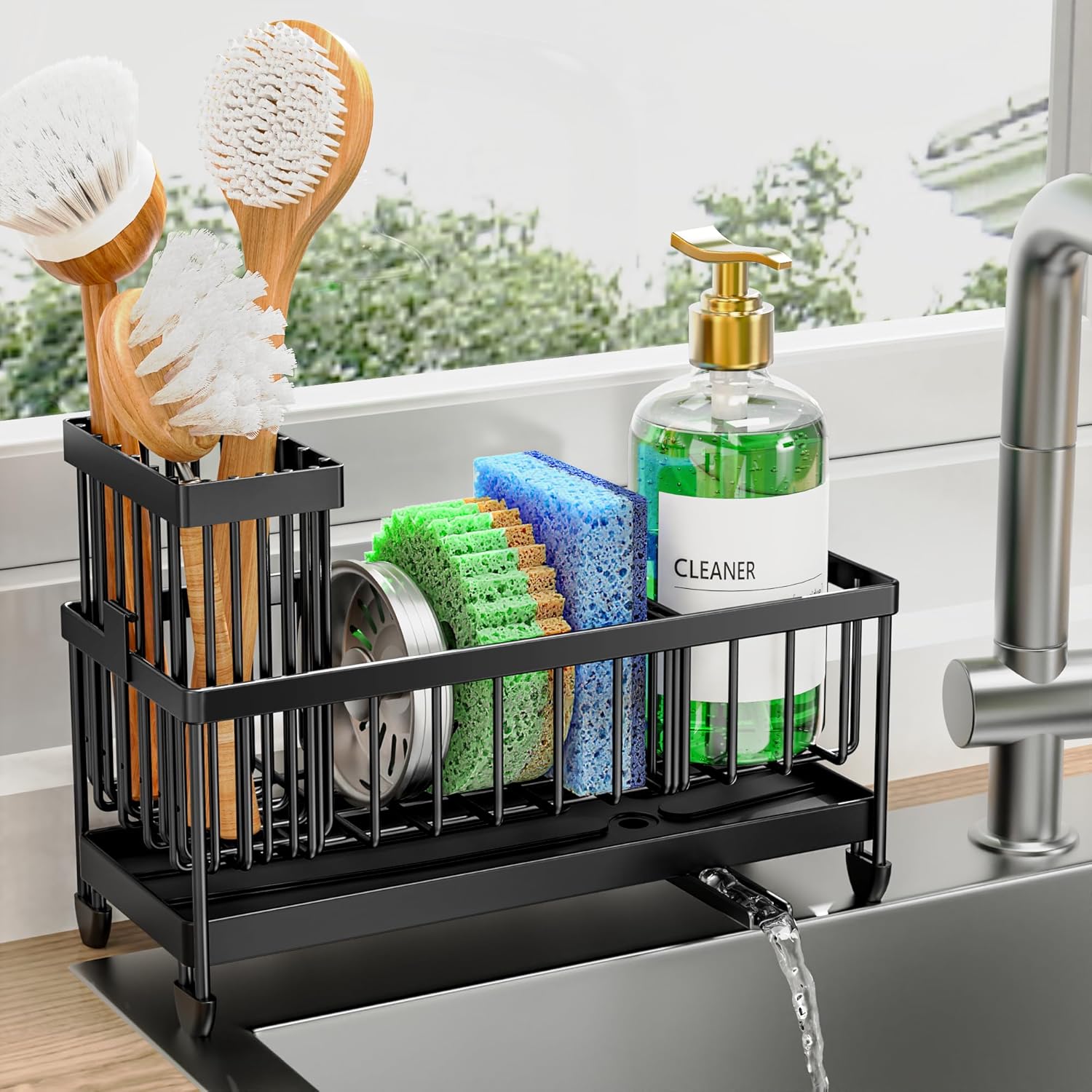 Cisily Sponge Holder for Kitchen Sink, Sink Caddy Organizer with High Brush Holder, Kitchen Countertop Organizers and Storage Essentials, Rustproof 304 Stainless Steel (Silver, 9.25″)