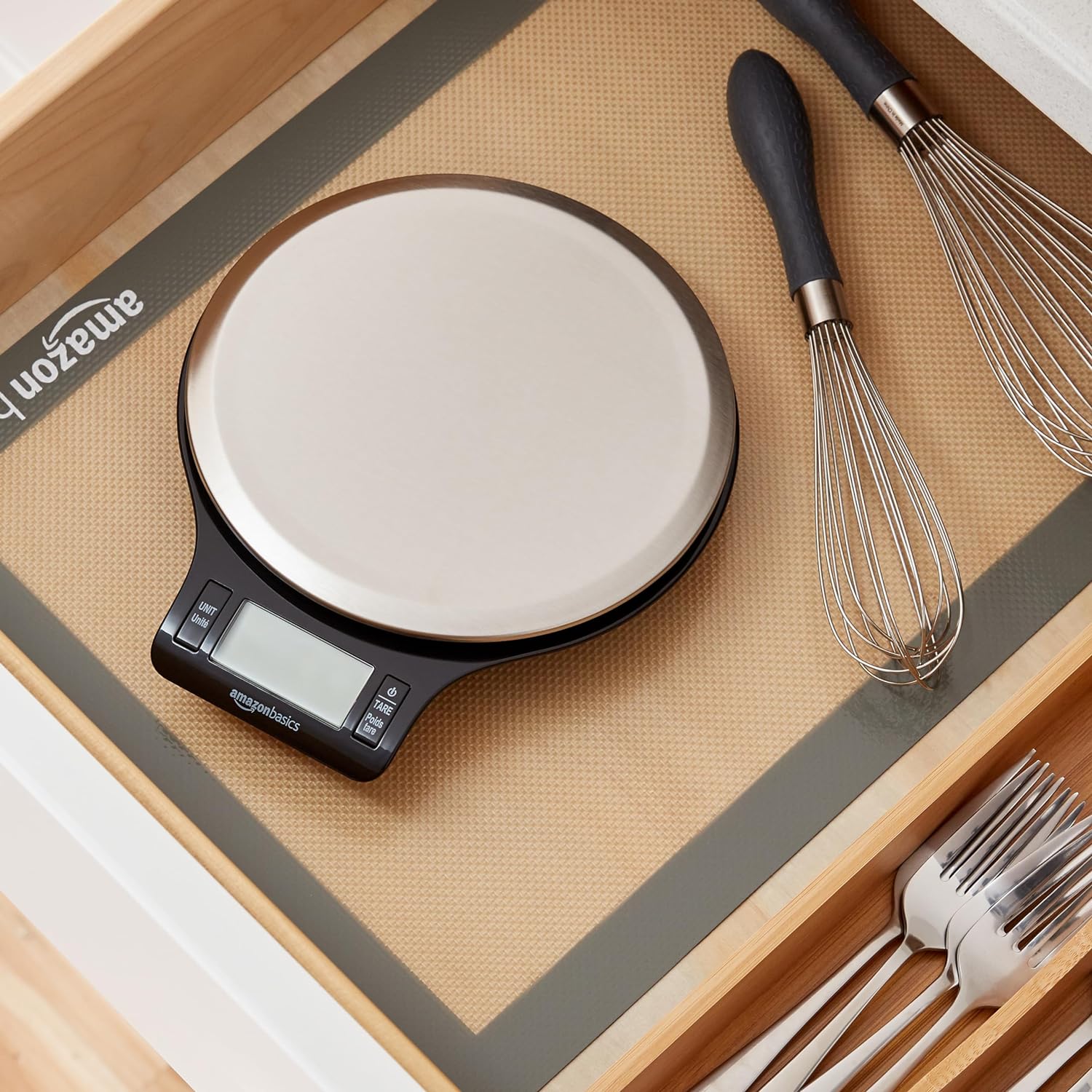Amazon Basics Digital Kitchen Scale with LCD Display, Tare Function, Multiple Units, Weighs up to 11 Pounds, Batteries Included, Black and Stainless Steel